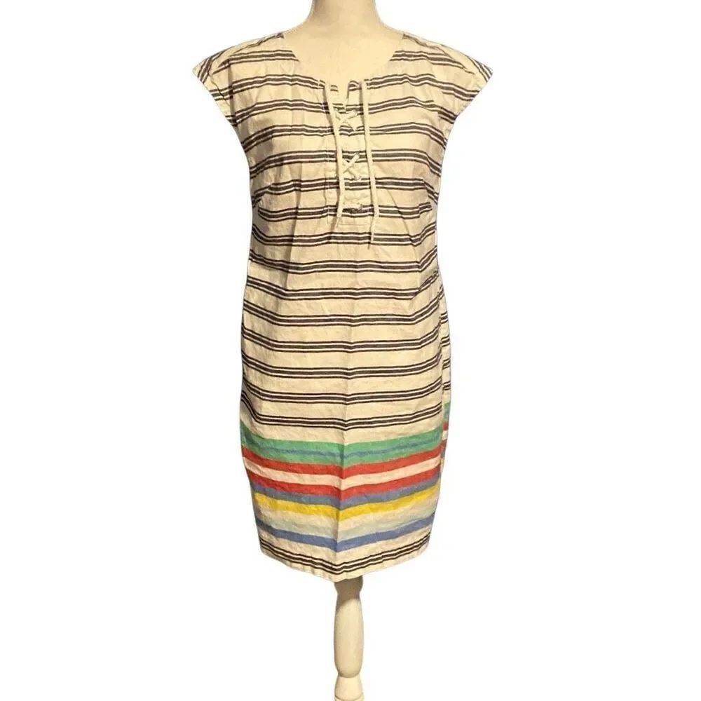 Tommy Hilfiger Linen Cotton Stripes Cap Sleeve Mini Dress Multicolor Medium